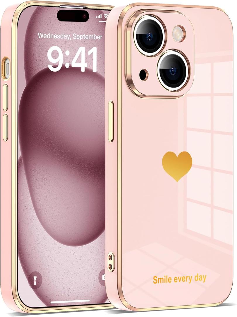 ZiZioen Compatible with iPhone 15 Case for Women Girls, Luxury Fashion Plating Edge & Cute Love Heart Soft TPU Shockproof Protection Phone Case for iPhone 15 6.1 Inches, Pink