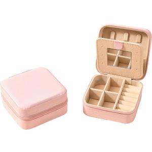 Small Travel Jewelry Case with Mirror, Portable Jewelry Organizer for Rings Earrings Necklaces, Compact Travel Jewelry Box for Women, Elegant Jewelry Holder for Traveling, Ideal Gift Cherry Pink