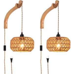 Plug in Wall Sconce,Farmhouse Wicker Wall Lamp Plug in,Hand Woven Rattan Wall Light Farmhouse Rustic Boho Sconces Wall Lighting for Living Room Bedroom (2 PACK)
