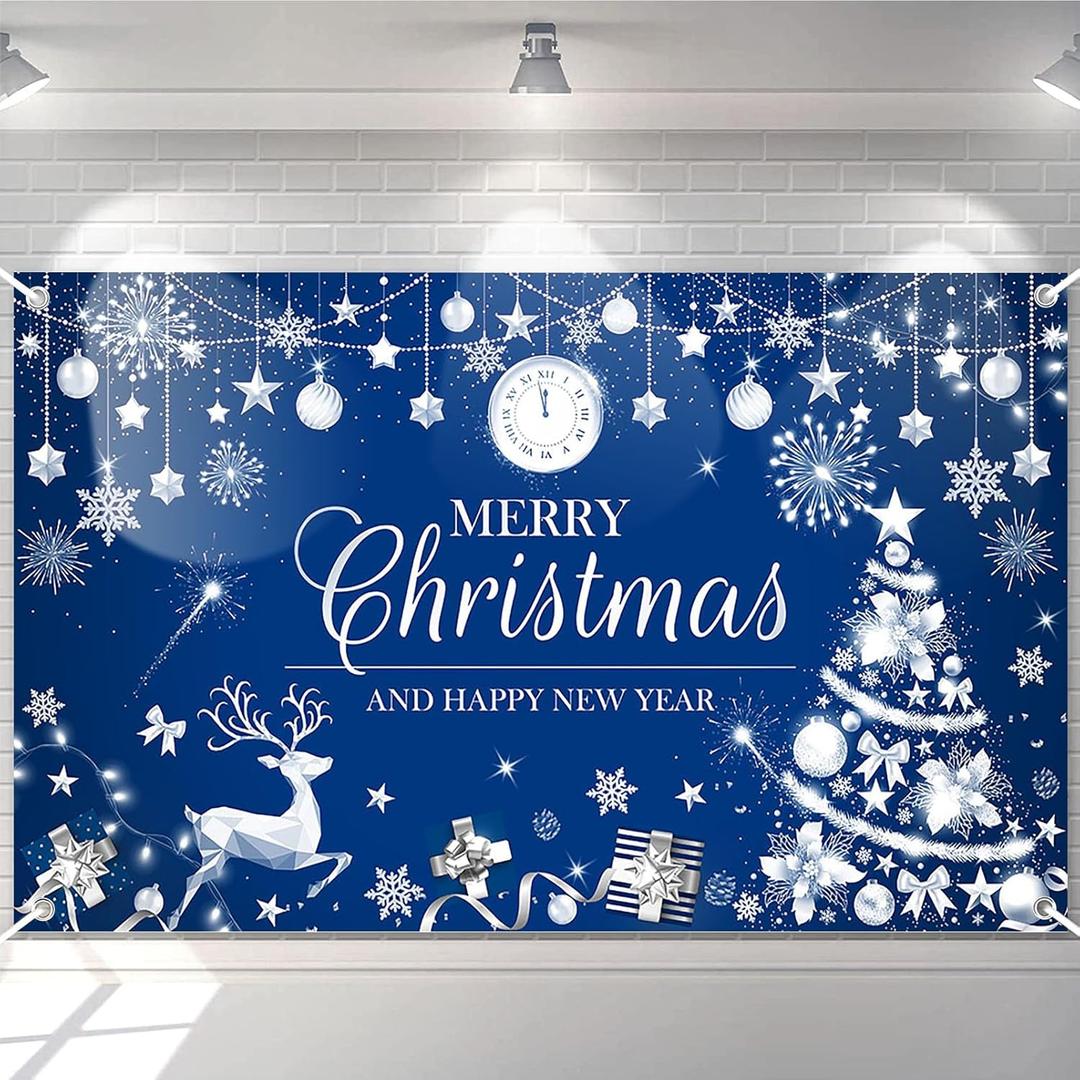 Avezano Merry Christmas Happy New Year Banner Christmas Blue Gold Banner Happy New Year Backdrop Party Decorations 70.8 x 43.3 Inch