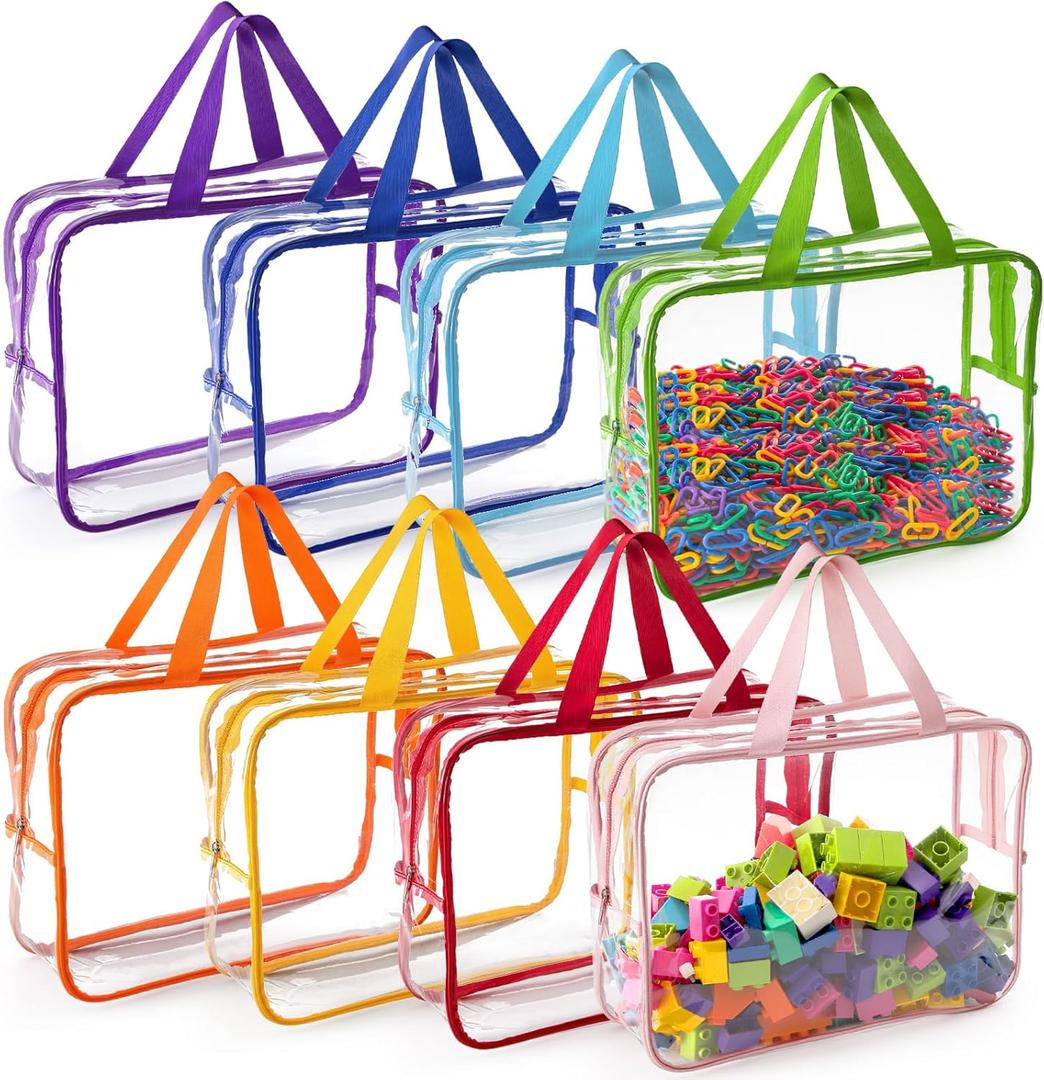 Fasmov 8 Packs Large Toy Storage Bags, 8 Colors PVC Organizers Toy Bags, Travel Organizer Bags Reusable Toy Organizer Pouch with Zipper for Building Blocks, Puzzle, Small Toys and Handmade Accessories