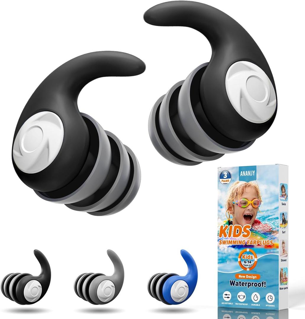 Waterproof Swimming Ear Plugs for Adults Kids, 3 Pairs Reusable Silicone | Reusable swim earplugs for pools, surfing, diving, showering and water sports, Keep Water Out and Ear Protection