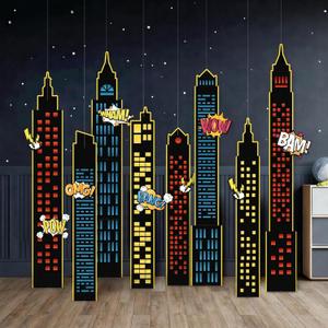Cheerland Superhero Party Decorations Super Hero Photo Booth Backdrop Birthday Party Decoration Hero Background Buildings Cartoon Action Sign Comic Book Themed Wall Hanging Room Decor Class Supplies, 7.2' x 4.8'