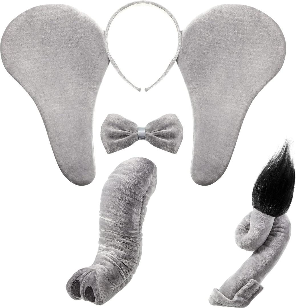 Lewtemi 4 Pcs Elephant Costume Set Kids Ears Headband Nose Tail Bowtie for Children Carnival Cosplay World Book Day(Gray,Style 1)