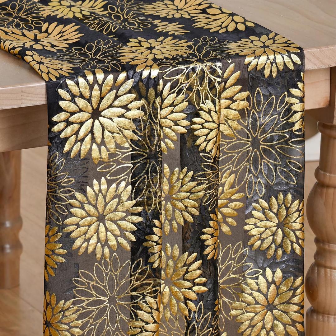 Artoid Mode Black Gold Dahlia Flower Gauze Table Runner 120 Inch 10FT, Glitter Metallic Foil Seasonal Sheer Dining Holiday Table Decor for Home Party