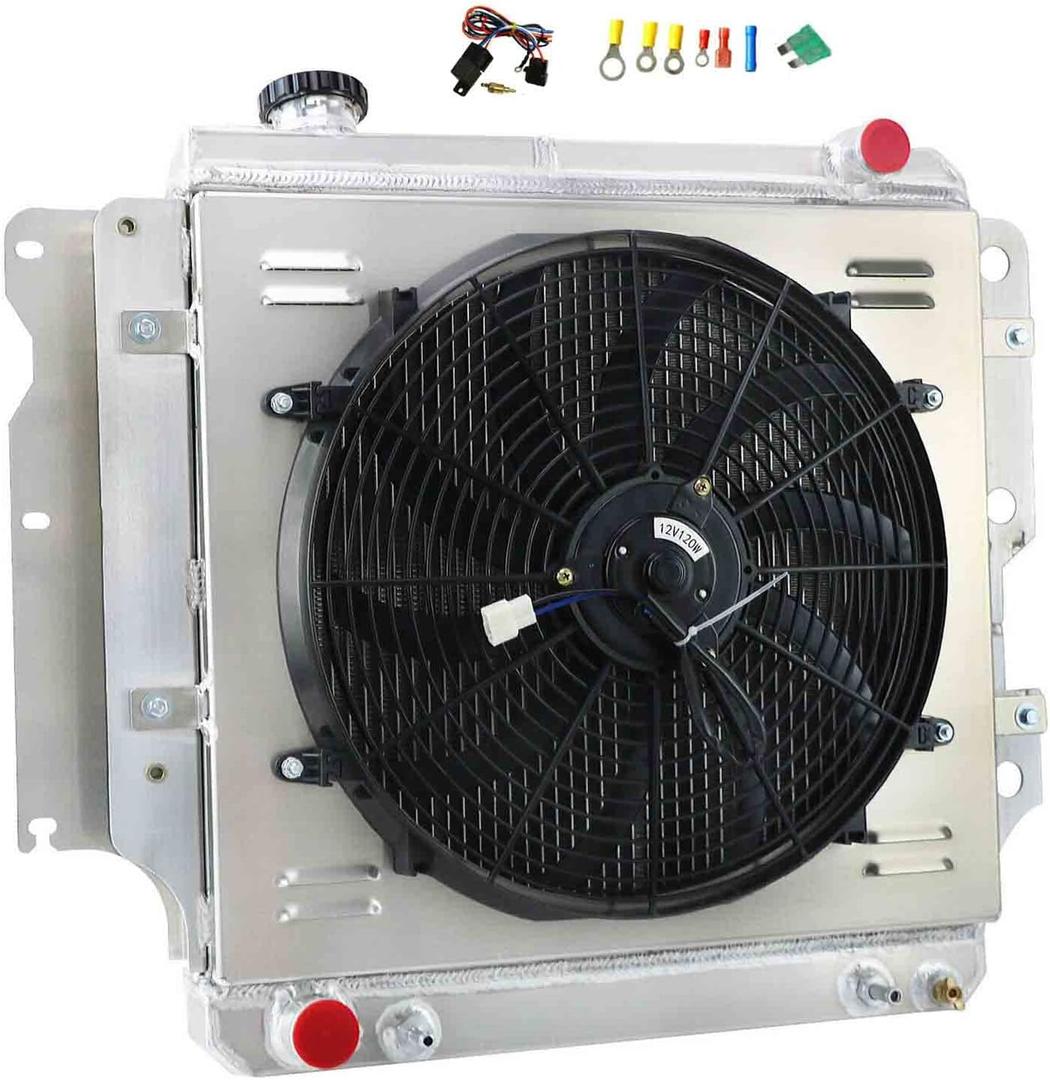 4 Row Aluminum Radiator for 1987-2006 Jeep TJ Wrangler 2.4L 2.5L 4.0L 4.2L L6 L4 GAS, Radiators with Electric Fan Shroud Relay Kit 1989 1990 1992 1994 1995 1997 1999