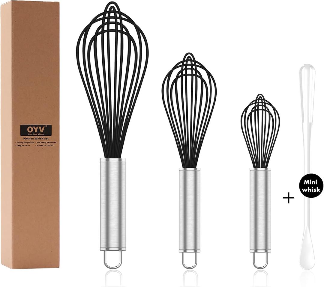 Silicone Whisk, 3 pack Professional whisks for cooking non scratch, Stainless Steel & Silicone whisk, plastic rubber whisk for nonstick cookware, small silicone whisk set, black