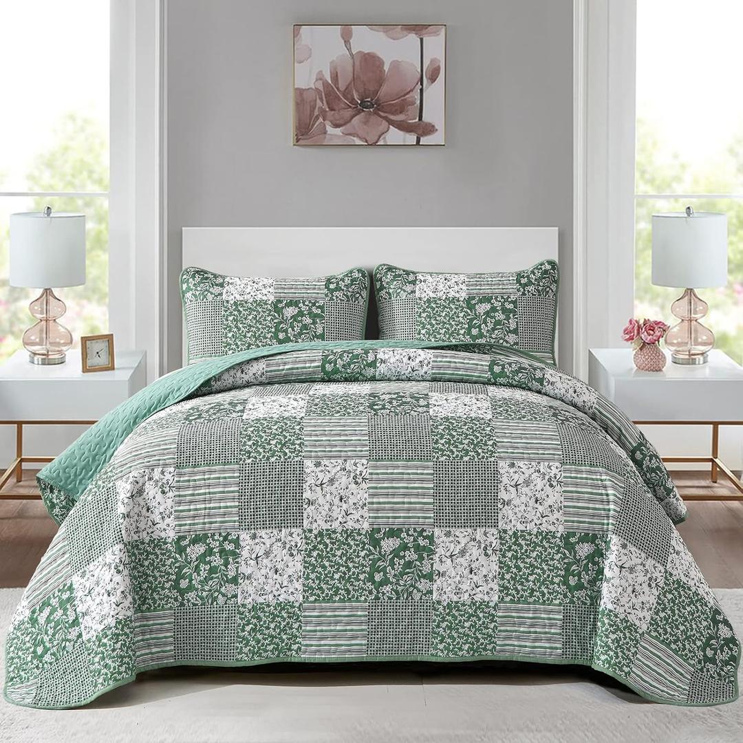 Mybedsoul Sage Green Boho King Quilt Set, 3-Piece Reversible Soft Plaid Floral Bedding Set with 2 Pillow Shams - Sage Green King Size Quilt Bedspread Coverlet Set, 90"x104"