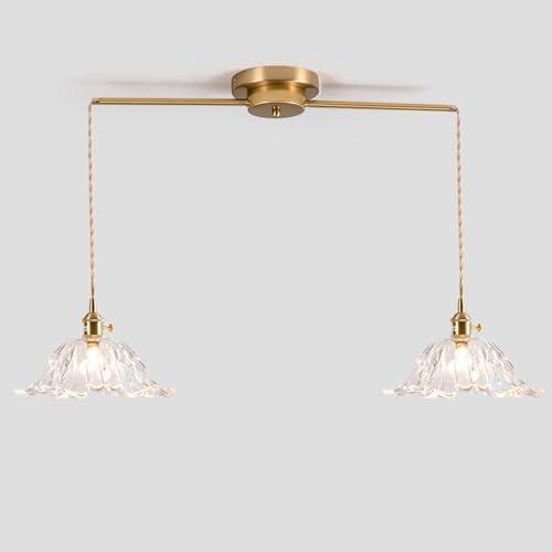 2-Lights Brass Vintage Pendant Light Fixtures, Modern Chandelier Pendant Light with Clear Flower Glass Lmapshade, Adjustable Hanging Lights for Kitchen Island Dining Room Hallway, E26 (Clear)