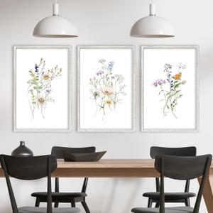 Colorful Floral Wildflower Wall Art Decor 16x11 Inch Rustic Bedroom Aesthetic Watercolor Botanical Flower Wood Frame Sign Modren Home Living Room Abstract Plant Wall Hanging Set of 3 (White)