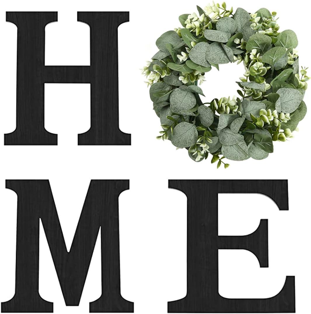 Wood Home Sign with Artificial Eucalyptus Wreath for O, Hanging Farmhouse Wall House Decor - Wood Home Letters for Art Rustic Home Decor, Wall Decor for Living Room Kitchen Entryway Gift (Black L) (11.8L" x 11.8W")
