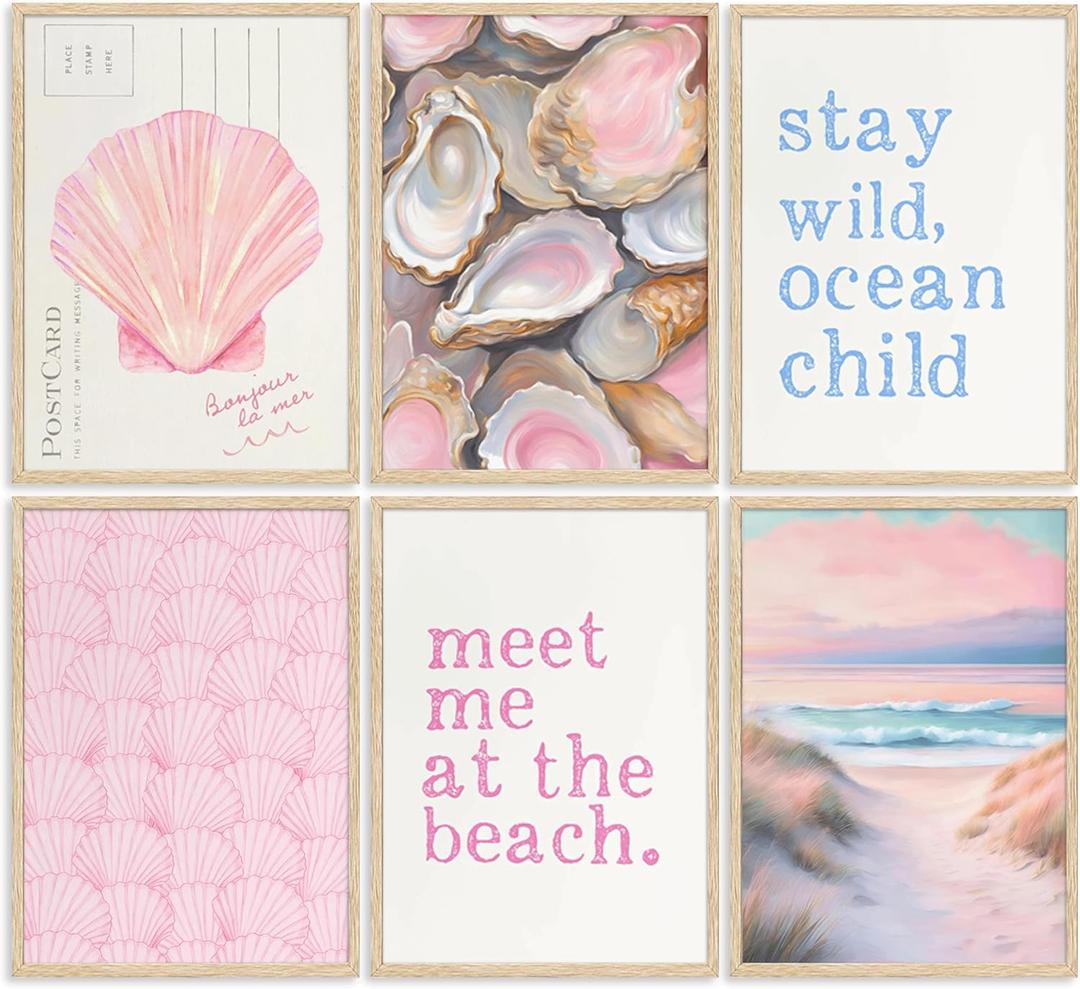 Pink Beach Preppy Wall art Coastal Granddaughter Aesthetic Room Painting Picture Wall Decor Shells Oyster Poster Print Artwork for Girls Room Girls Dorm Home Decoration (10L"x8W")