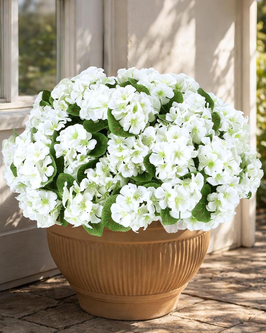 Artificial Flowers for Outdoors 6 Bundles of UV-Resistant Artificial Geraniums, Realistic Silk Flowers for Front Porch, Patio, Garden, Window Boxes & Hanging Baskets (White, 6)