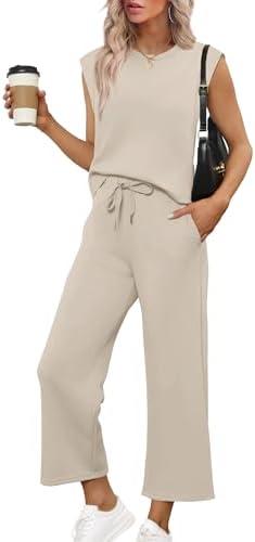 SAMPEEL Two Piece Sets for Women Casual Travel Vacation Outfits Summer Wide Leg Crop Pants Lounge Sets Size M