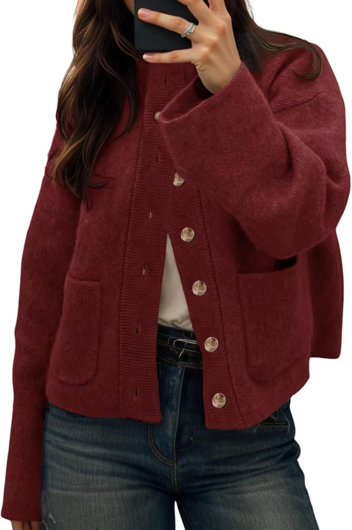 Cicy Bell Womens Chunky Knit Cardigan Sweaters Button Down Mock Neck Open Front Jacket Winter Casual Outerwear with Pockets (Large, Wine Red)
