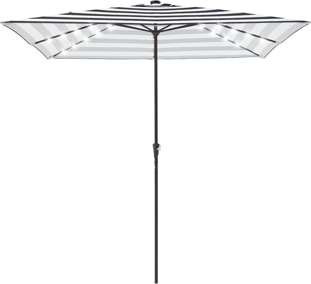 JEAREY 8x10 ft Rectangular LED Lighted Patio Umbrellas Outdoor Solar Table Market Umbrella w/Crank, 8 Sturdy Ribs, UV Protection Waterproof Sunproof(Black-White Stripe)