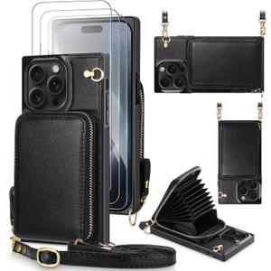 JAKPAK for iPhone 15 Pro Max Wallet Case with 3 Pack Screen Protectors Phone Case with Card Holder RFID Blocking Shockproof Leather Phone Cover for iPhone 15 Pro Max 6.7 inch Black