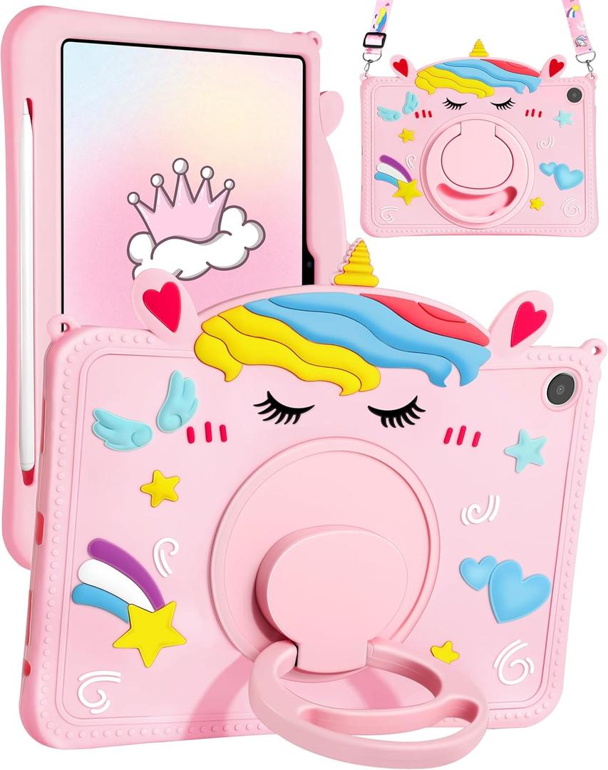for Galaxy Tab A8 Cases - with Pen Holder Cute Cartoon Unicorn Silicone Cover with Rotating Stand & Strap Girly Teens Girls for Samsung Galaxy Tablet A8 10.5" Cases