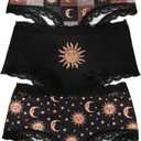 WDIRARA Women's 3 Pack Set Gothic Graphic Print Panties Lace Trim Mid Rise Underwear Briefs (X-Large, Black)