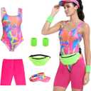 80s Womens Workout Costume,Adult 80s Outfit, Swimwear Suit for Halloween Cosplay, Couples Costume Set (Medium, Pink)