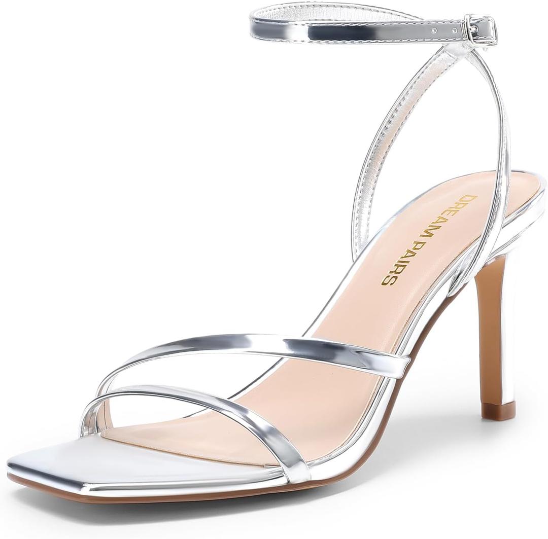 DREAM PAIRS Womens High Stilettos Heels Open Toe Square Sandals Ankle Strap Pumps Sexy Comfort Strappy Dress Shoes Party Wedding Heeled Sandals (7.5, Silver)