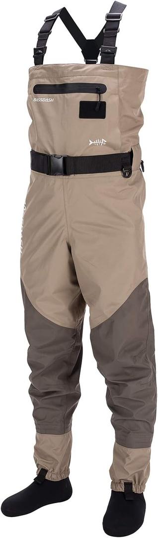 BASSDASH Mens Breathable Chest and Waist Convertible Waders for Fishing Hunting, Stocking Foot and Boot Foot Waders (Large)