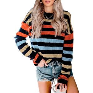 KIRUNDO Women's 2025 Fall Winter Striped Color Block Short Sweater Long Sleeve Crew Neck Casual Loose Knit Pullover Tops (Blue, XL)