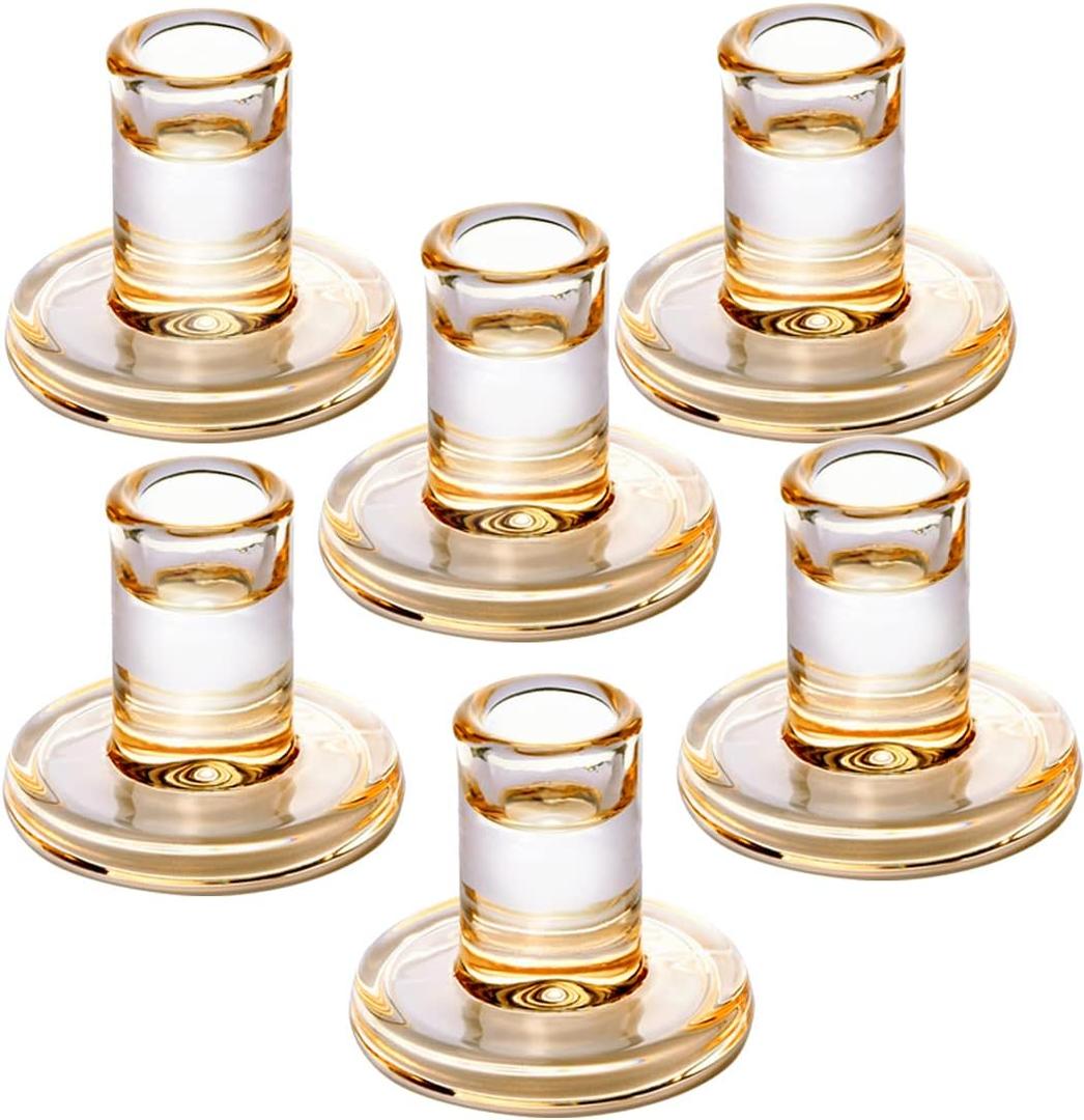 Short Solid Amber Gold Glass Taper Candle Holders Heavy Low Candlestick Holders for 5/6-7/8 inch Wide Tapered Candles- Set of 6, Wedding Party Table Centerpieces Decorations
