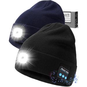 Bluetooth Beanie Hat with Light for Men 2 Pack, LED Beanie with Light Built in Unisex USB Rechargeable, Headlamp Cap with Wireless Headphones Built-in Speaker Mic Gifts for Men Dad Teen (Black+Navy)