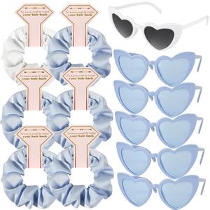 Satin Bridesmaid Scrunchies Bachelorette Hair Ties Set of 6 sunglasses Bridal Shower No Damage Hairties ideas Gift for Wedding Party Favors Bridesmaid Proposal Gifts (White & Dusty Blue)