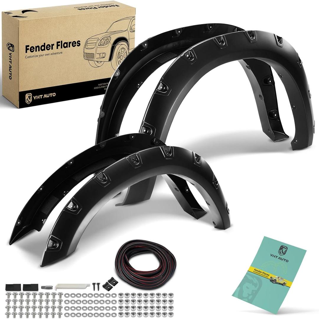 YHTAUTO Pocket Bolt-Riveted Style Fender Flares w/Hardware Kit Fits Dodge Ram 2500/3500 2019-2023(Excludes Dually), Shiny Black Wheel Flare Cover Protector, Set of 4, Front & Rear