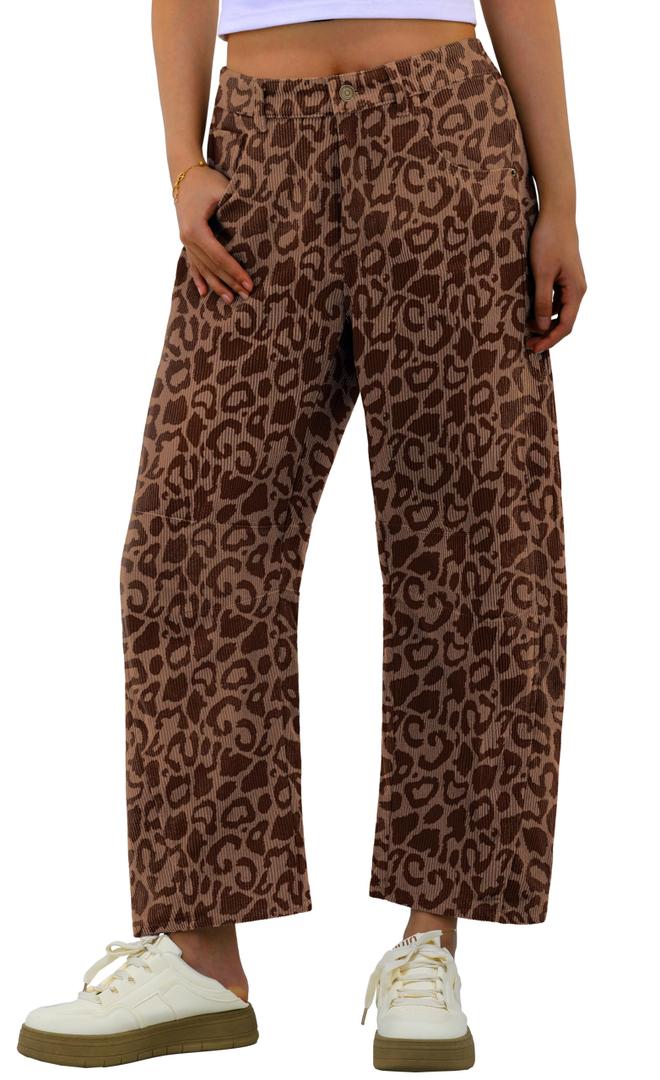 IWOLLENCE Women's Cheetah Printed Corduroy Pants Elastic Waist Cord Baggy Cropped Wide Leg Barrel Pant Brown Leopard, S (S)
