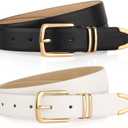 Monoluxe Pack 2 Women Belts for Ladies Jeans Pants with Fashion Faux Leather Gold Buckle (Black&white)