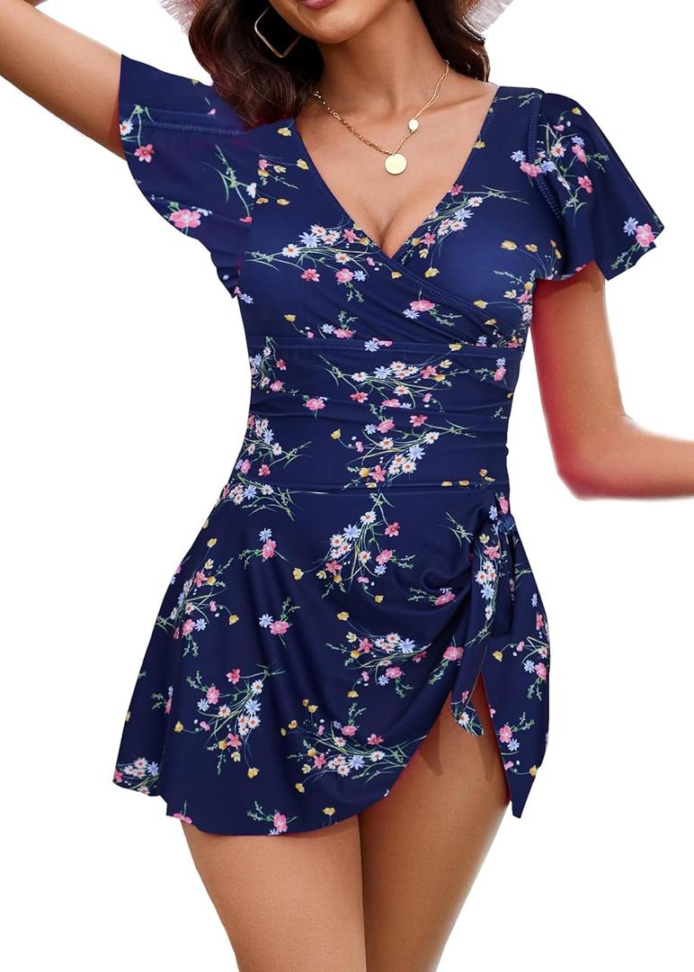 Women's One Piece Swimdress Swimsuits for Women Tummy Control Swim Dresses (Large, Denim Blue Floral)