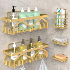 Coraje Shower Caddy - 5-Pack Adhesive Shower Organizer, Large Capacity, Rustproof, No Drilling Required (Gold)