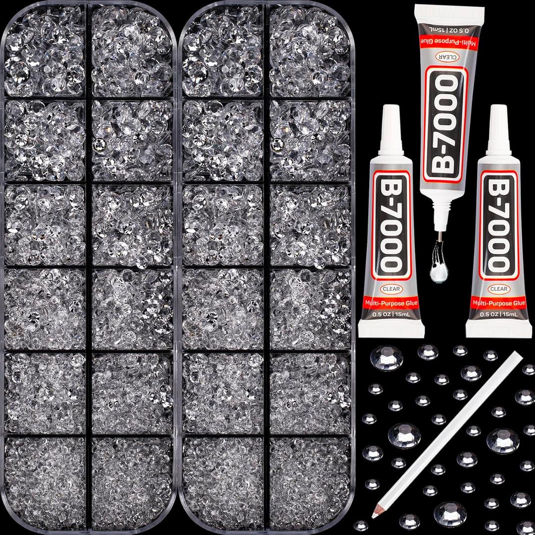 11000Pcs Transparent Clear Rhinestones Flatback with b7000 Glue for Crafts Clothing Crafting Shoes Tumblers Cups Dress, Transparent Resin Rinestones Gems Flat Back Crystals Diamonds 2-5mm Mixed Sizes