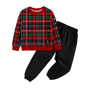 TALLWH Toddler Boy Christmas Outfit 2-3T Merry Christmas Outfit Boys Long Sleeve Striped Pullover Sweatshirts Jogger Pants Set Red and Green Contrast Plaid Party Clothes for Toddler Boys (Red)