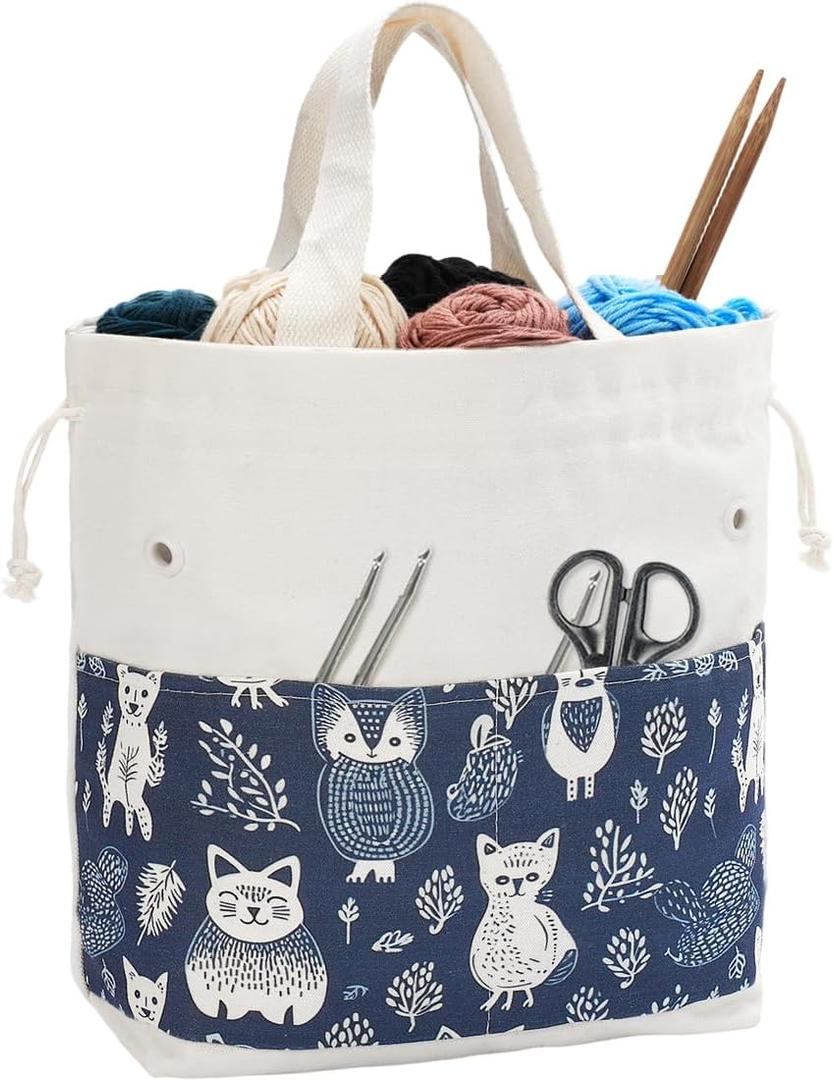 Crochet Bag, Handy Knitting Project Yarn Bag, Crochet Accessories Yarn Storage Organizer, Knitting Bags and Totes for Crocheting on The Go, 12.5x13x5'' (Small, Blue Cat)