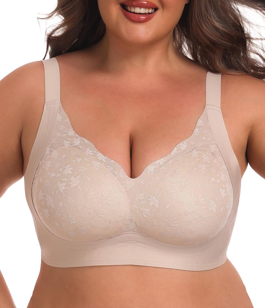 OLRIK Bras for Older Women Full Coverage Wireless Comfort Back Fat Smoothing Wide Supportive Straps Wirefree No Underwire T-Shirt Bralettes with Bra Extenders 4 Hook Nude-XL (XL)