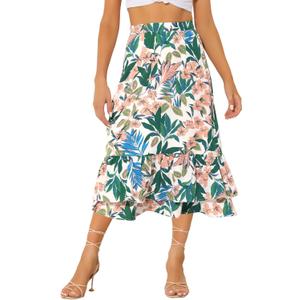 Allegra K Women's Printed Skirt 2025 Weekend Trendy Summer Chiffon Ruffle Tiered Flowy Midi Skirts (Medium, White Pink-floral)