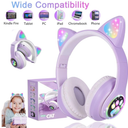 Kids Headphones,Cat Ear Bluetooth Headphones with Microphone/RGB LED Light Up,Foldable Stereo Over-Ear Headphones for Kids Tablet/School/Pad/Smartphone,Purplre