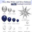 130pcs Navy Blue and Silver Balloon Garland Arch Kit with 3pcs Silver Star Balloons, Royal Blue Metallic Silver White Balloons for Birthday Baby Shower Wedding Graduation Party Decorations