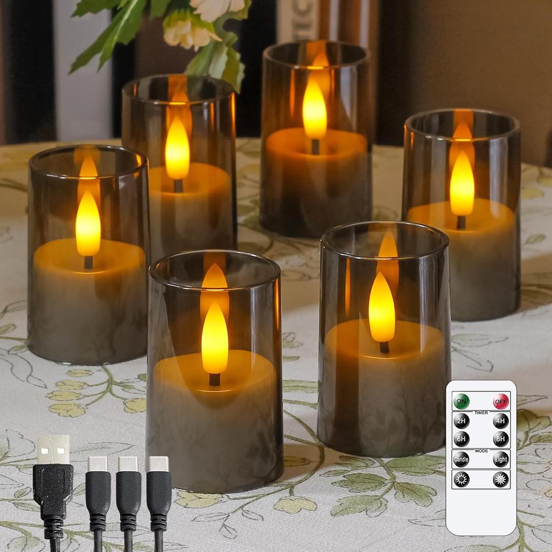 Rechargeable Acrylic Flameless Votive Candles with Timer & Remote Control, 1.7" x2.5" Flickering LED Warm Glow Tealight for Home, Wedding, Holiday Decor (Set of 6, Grey) (Gray)