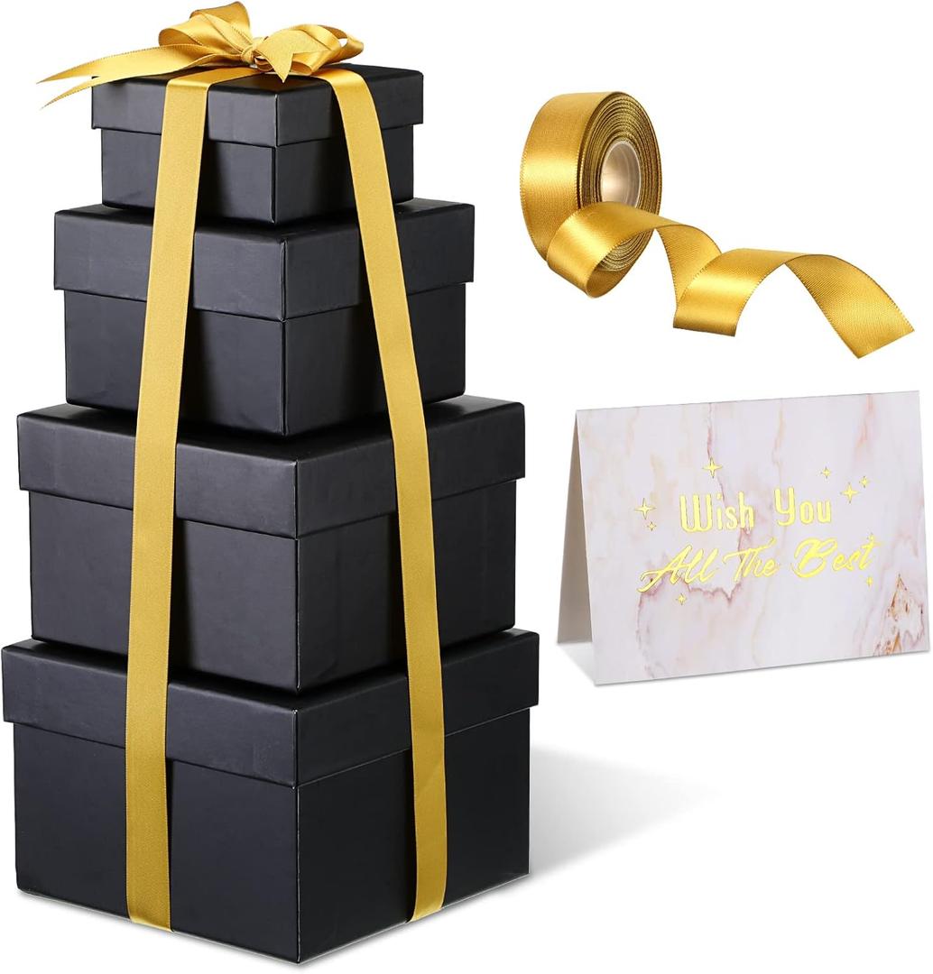 Marspark 4 Pcs Valentine's Day Nesting Gift Boxes with Lids Mixed Size Square Nested Boxes Stackable Gift Boxes Present Wrap Gift Box with Ribbon Gift Card for Presents Birthday Party Favor(Black Box) (Black Box)