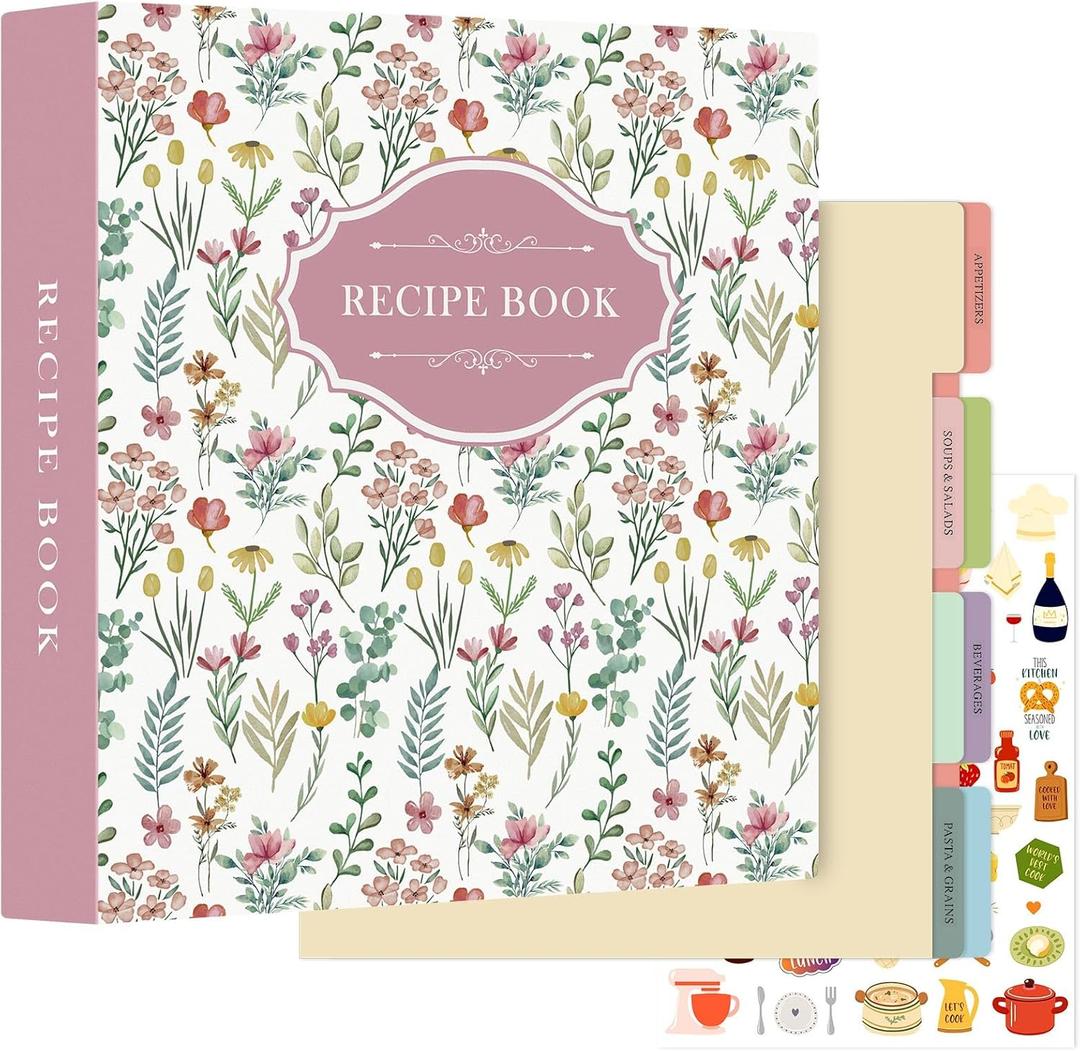 Lanpn Recipe Binder 8.5x11 3 Ring Kit, Blank Organizer Recipe Binder Waterproof Cookbook to Write in Your Own Recipes with 60 Plastic Sleeves,116 Recipes, Dividers, Labels & Stickers, Pink