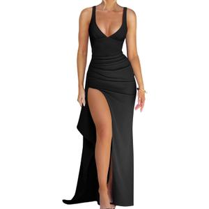 Memoriesea Women's Sexy Plunge Neckline Bodycon Ruched High Slit Party Maxi Dress (Medium, Black)