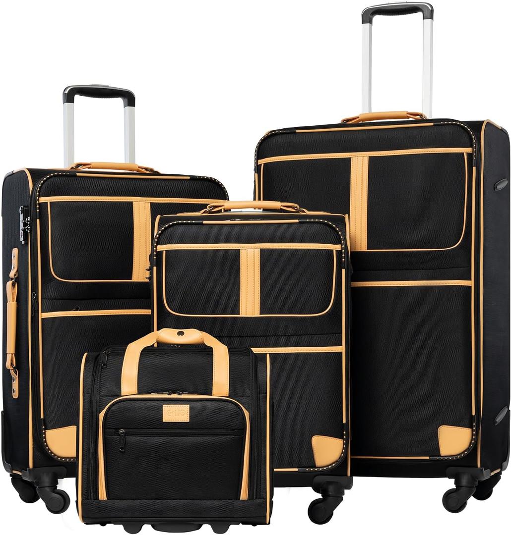Coolife Luggage 4 Piece Set Suitcase Expandable TSA lock spinner softshell (Black)