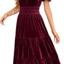 R.Vivimos Women's Fall Winter Vintage Velvet Dress Short Sleeve V Neck Elastic Waist Tiered Ruffle A-Line Flowy Maxi Dress, Small