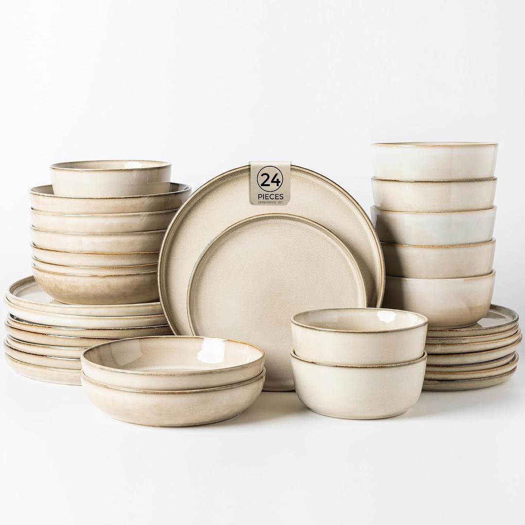 GBHOME 24 Pieces Double Bowls Ceramic Dinnerware Sets for 6, Stoneware Plates and Bowls Set with Reactive Glaze, Scratch Resistant Stoneware Dishes Set, Dishwasher & Microwave Safe