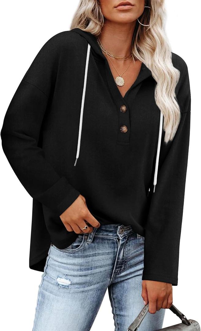 RUMIA Womens Tops V Neck Button Sweatshirt for Women Pullover Long SLeeve Shirts Fall Outfits 2025 Loose Fit S-3XL (Black, L)